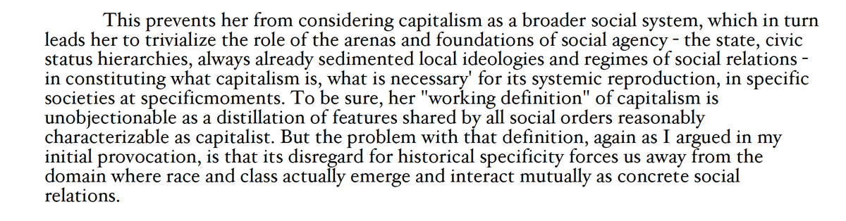 Ironically, this involved invoking precisely the kind of counter-factual thought experiment and "thin" conception of capitalist logic that he chides Wood for -- i.e., the idea that 1%er wealth concentration is fine by neoliberal lights as long as it is race/gender diverse.