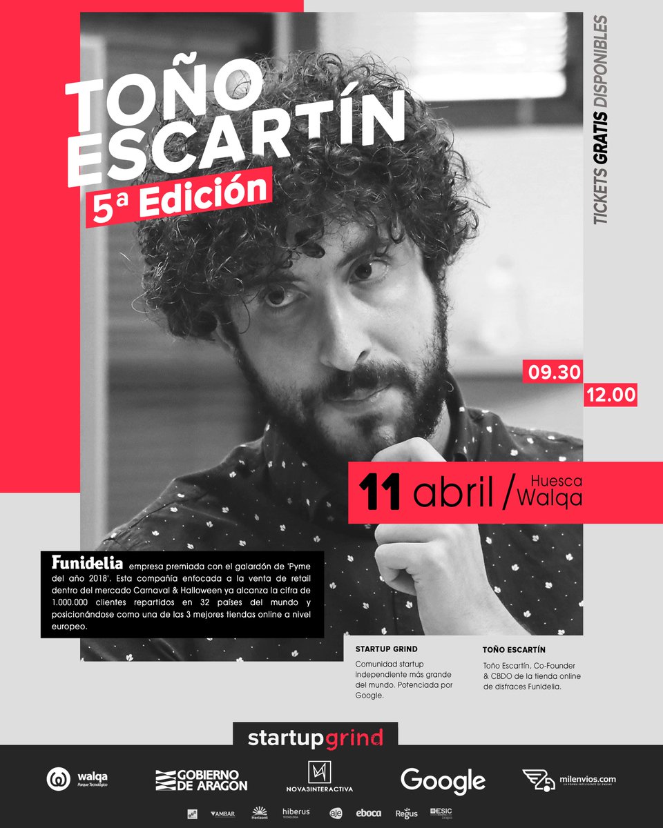 startupgrindzgz's tweet photo. 5..4..3...2..1..
Nuevo cartel. nueva edición. Ya vamos por la 5ª Grinders.
Esta vez nos trasladaremos a la ciudad de Huesca donde podremos contar con la presencia de Toño Escartín, Cofundador de Funidelia.
Tickets ya disponibles:
https://t.co/mh7ynrOKeu
#huesca  #agendahuesca https://t.co/qb1vbboJKk