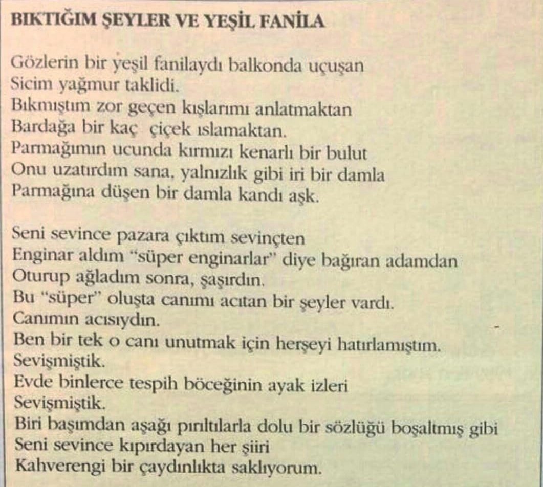 Papirusdergisi's tweet photo. "Sonra gittin
Gözlerin bir yeşil fanila unutulmuş balkonda
Sicim yağmur taklidiydi
Artık iyice inceldi."

#DidemMadak 49 Yaşında
(8 Nisan 1970 - 24 Temmuz 2011) https://t.co/jBOkfwqmUO