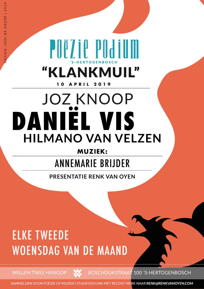 Overmorgen Poeziepodium Den Bosch: Klankmuil! Met Hilmano van Velzen, Daniël Vis &amp; Joz Knoop. Met nieuws over de nieuwe naam &amp; locatie! facebook.com/events/1590501…