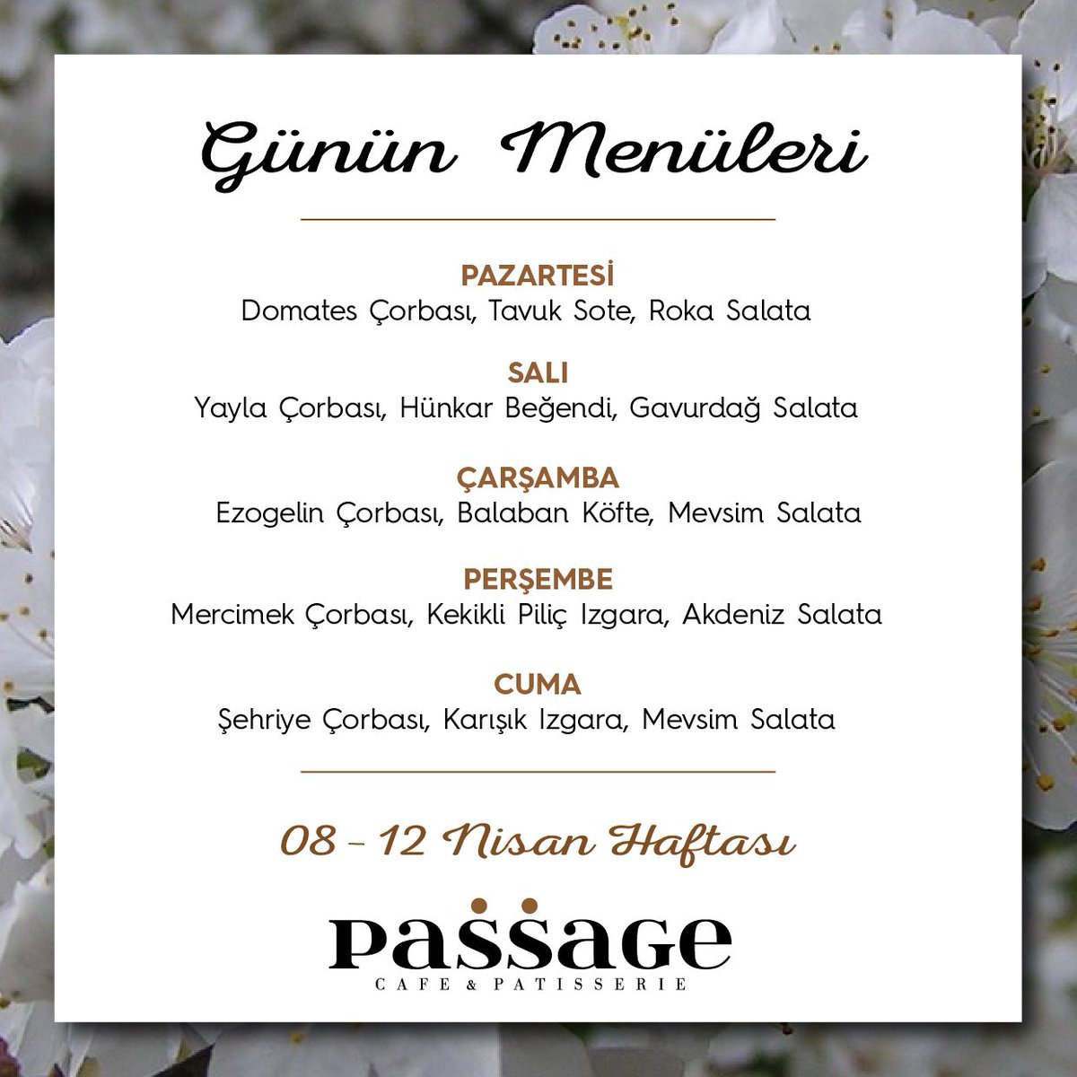 passageesk's tweet photo. 8 - 12 Nisan Haftası #Passage'da haftanın menüleri. Afiyet olsun 👌#passageeskisehir #haftanınmenüleri #eskişehir #haftabaşı #gününmenüleri #food #üniversite #yemek #menü #lunch #öğleyemeği #nisan #2019 #3dorganizasyon #dublincafeirishpub #aciktim #mamülpastaveekmek https://t.co/hUGYe3I0UR