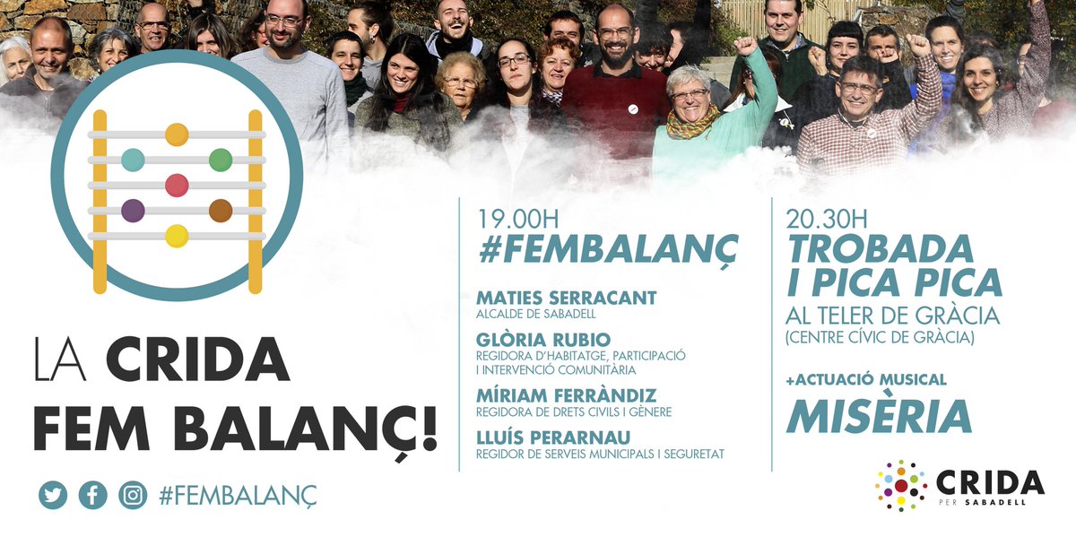 Després de les trobades de balanç fetes per tota la ciutat, aquest divendres ens trobarem a la Plaça del Treball per fer una valoració general a nivell de ciutat amb totes les nostres regidores. 

A continuació tindrem pica-pica i actuació musical.

#FemBalanç
