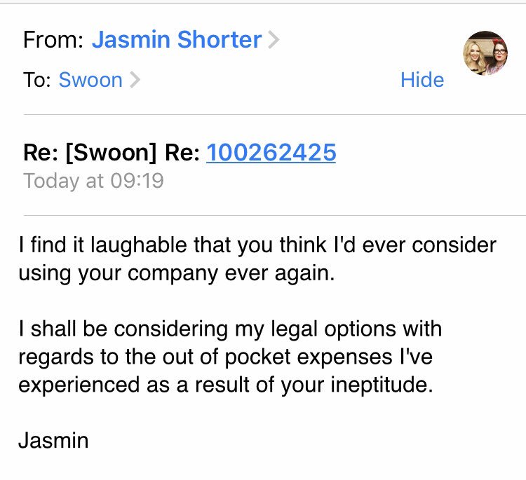 ladyjazmana's tweet photo. Lol at #swooneditions thinking they can send me a voucher to use on another purchase as compensation for two missed days off work! https://t.co/8OuEB0euYp