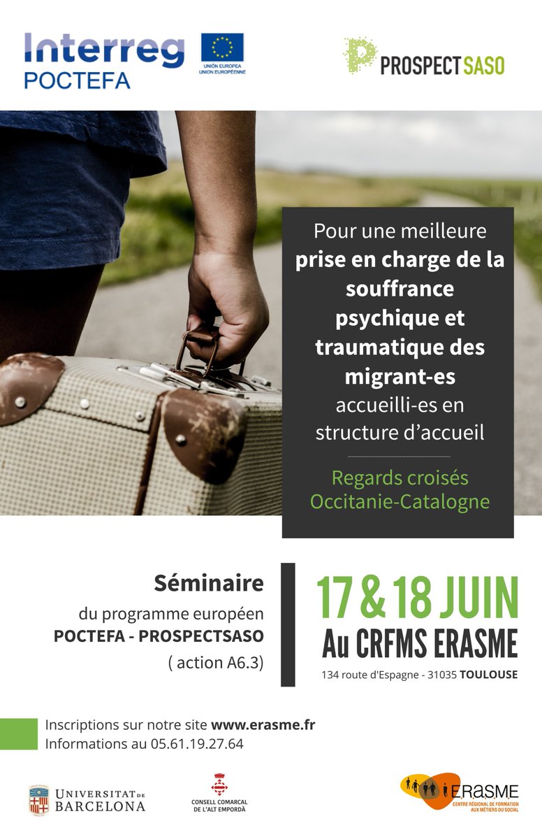 ErasmeITS's tweet photo. Prochainement au CRFMS, le séminaire européen #Poctefa @PROSPECTSASO sur le thème de la souffrance psychique et traumatique des migrants. RDV les 17 et 18 juin ! Inscriptions ici 👉https://t.co/WGSKyH4nch https://t.co/Q5QaUikFL3