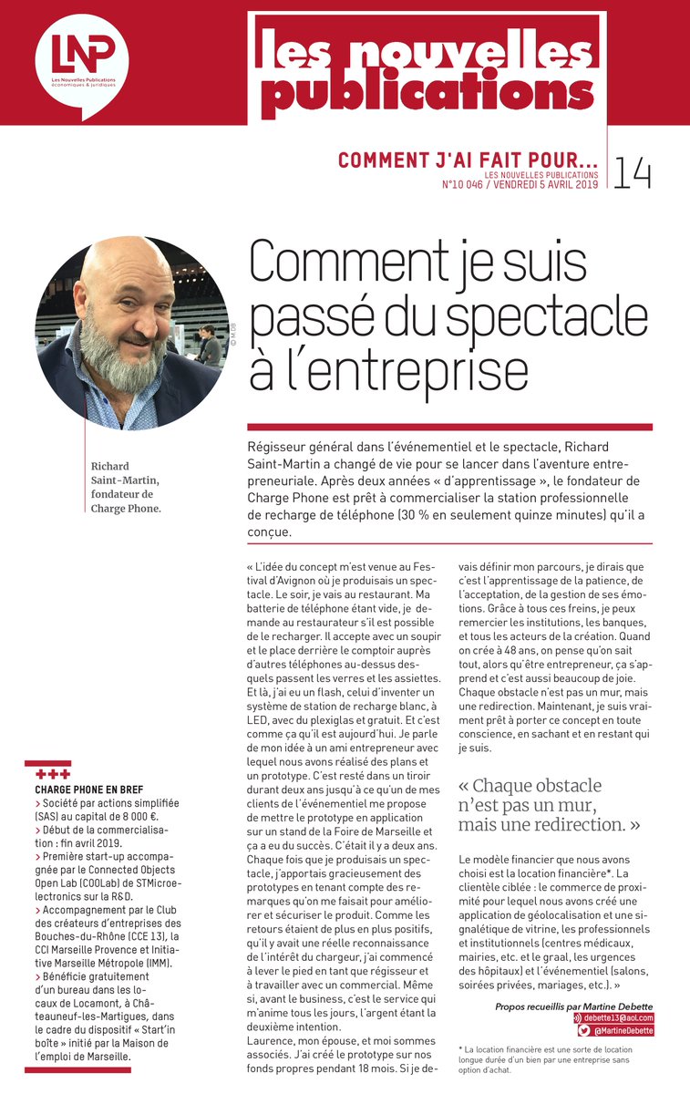 chargephone13's tweet image. Parution Interview du 5 Avril dans le magazine Economie &amp;amp; Juridique  @Les_NP13  LES NOUVELLES PUBLICATIONS
aux cotés d&apos;articles de @CCI_MP @CMAR_PACA   @FRTP_PACA
#interview #Entrepreneur  #startup  #jamaissansbatterie #chargephone