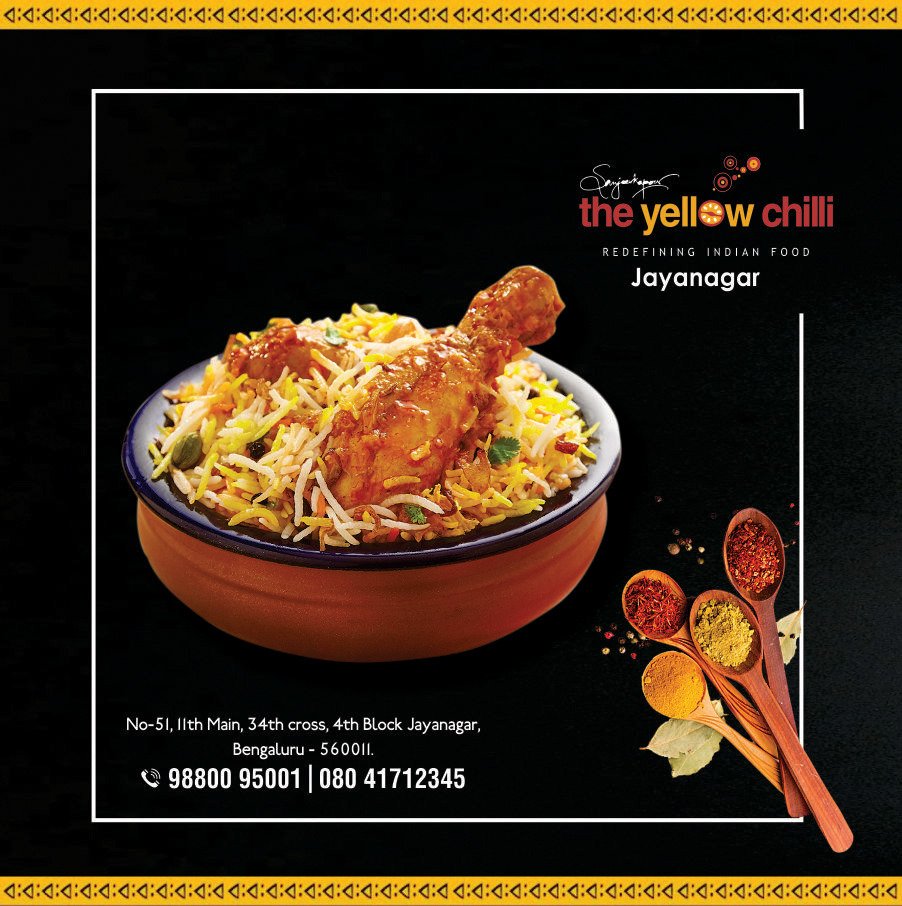 TYC_Bangalore's tweet photo. Food is the Ingredient that binds us Together.
Visit The Yellow Chilli Restaurant. For Reservations &amp; Food Delivery Call: +91 98800 95001 / 080 41712345

#MondayThoughts #foodiesofinstagram #foodlovers #foodies #dinnertime #deliciousfood #yummyfood #Biryani https://t.co/KKcL4fRLgu