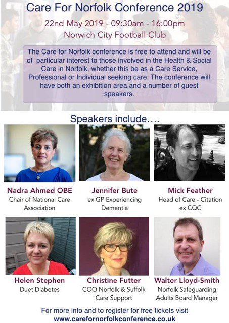 If you have not already registered for your free ticket to the Care for Norfolk Conference on 22nd May head over to carefornorfolkconference.co.uk and book your ticket now! We have some fantastic speakers, below are some of them

#Carefornorfolkconference #care #norfolk