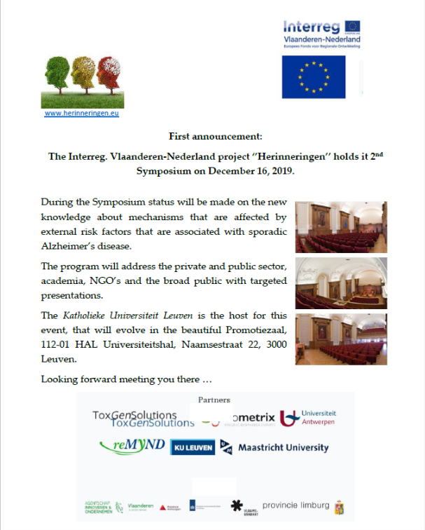 Invitation to the 2019 Symposium: The #interreg project #Herinneringen applies #animalfree approaches to understand the #adverseoutcomepathways (#AOP) driving sporadic #alzheimersdisease.
