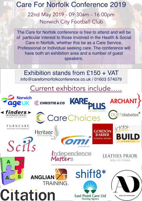 We have some fantastic organisations exhibiting at The Care for Norfolk Conference - we still have some spots available if any other organisations would like to exhibit 
#care #norfolk #carefornorfolkconference