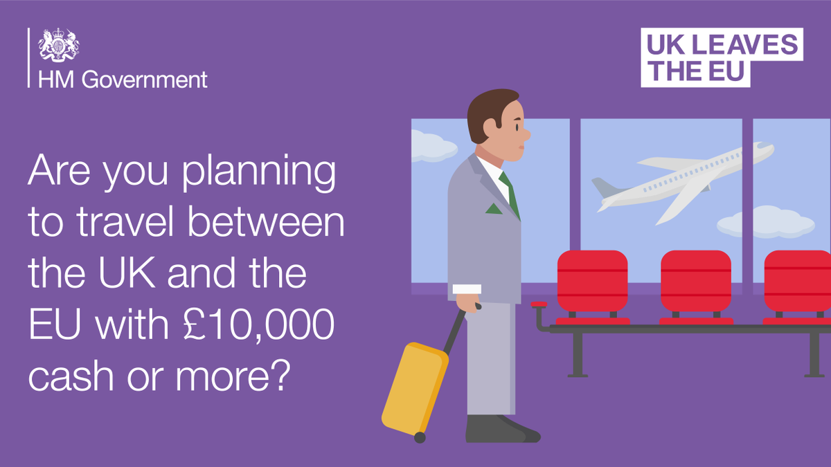 If the UK leaves the EU without a deal, people travelling between the UK and EU countries with £10,000 or more in cash, bearer bond, banker draft or cheque form, will need to make a declaration. 

Find out what you need to do gov.uk/bringing-cash-…