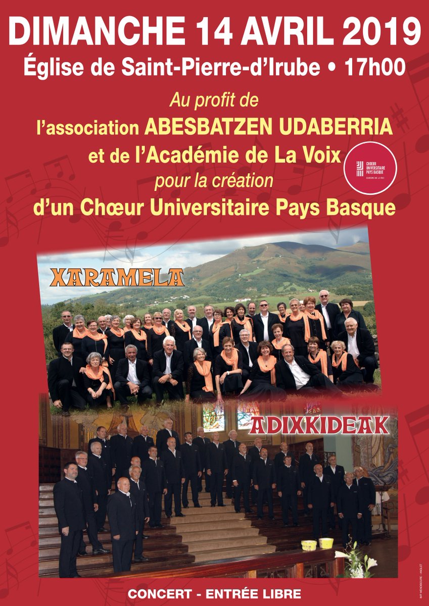 #concert
La choeur d'hommes #basque #Adixkideak vous donne rendez-vous dimanche 14 avril à l'église de Saint-Pierre-d'Irube pour un concert au profit de l'association Abesbatzen Udaberria et de l'Académie de la Voix pour la création d'un #Choeur Universitaire du #PaysBasque.