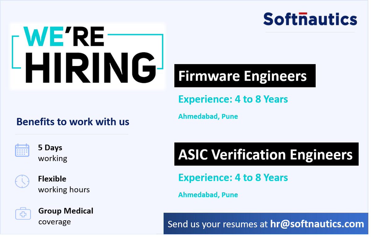 softnautics's tweet photo. Give your #career a head start with @softnautics. We are hiring for #Pune and #Ahmedabad locations. Apply now https://t.co/8Tk5AAbIHi or share your resume on hr@softnautics.com. Feel free to share references if any!!
#Hiring #Embedded #Firmware #IoT #LinuxBSP https://t.co/08Kmi1RbP2