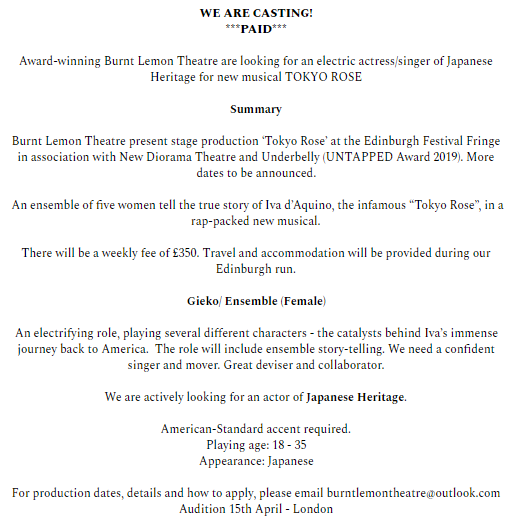 BurntLemonTC's tweet photo. 🚨 CASTING 🚨 

We are looking for an electric actress who can sing to join the TOKYO ROSE team. This role is only open to those that are Japanese/of Japanese heritage. Get in touch for more info &amp; how to apply!
Paid 🔥🍋

Please RT!🎙️📻🌹

#Casting #BAMEcasting  #UNTAPPED https://t.co/w62w8e45Fs