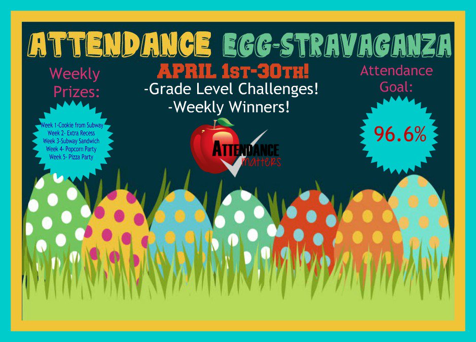 Attendance Egg-Stravaganza is in full swing! PPCD rocked last week with 100% Attendance and 5th Grade came in second with 96.82%! Congratulations on winning FREE COOKIES!! Help your grade be this weeks winner! Let's have a Rockin 100% Attendance Week! #attendancematters #behere
