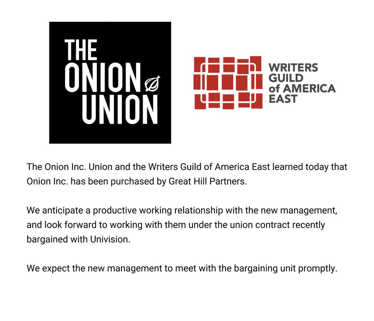 OnionIncUnion's tweet photo. We've been sold to Great Hill Partners. Our statement: https://t.co/OAdmMUjZe4