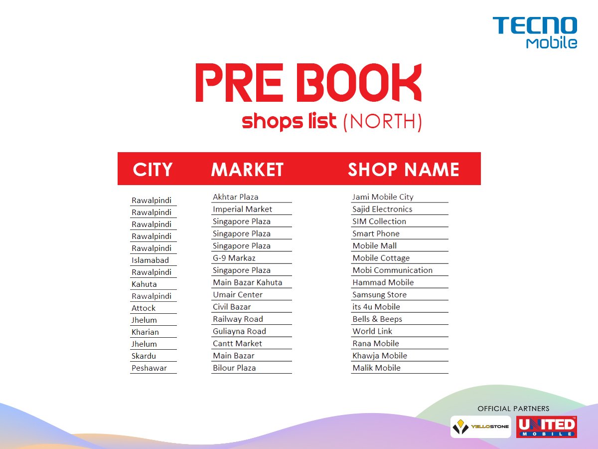 TecnoMobilePK's tweet photo. You can visit these stores and pre-book your phone for Rs.2000! Avail a cashback of Rs.1000 and other fun prizes after delivery. #CaptureMoreBeauty #CAMONi4 #PrebookInStore #TecnoMobilePakistan #FunPrizes #Cashback #Free #Offer https://t.co/vYw1dPNcqz