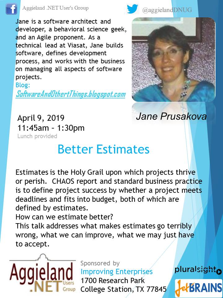 jprusakova's tweet photo. We'll be talking about estimates, and how to get better at them, at @aggielanddnug this week.  Join us at @improving College Station tomorrow. Pizza sponsored by Improving. https://t.co/xCShHL9HYr