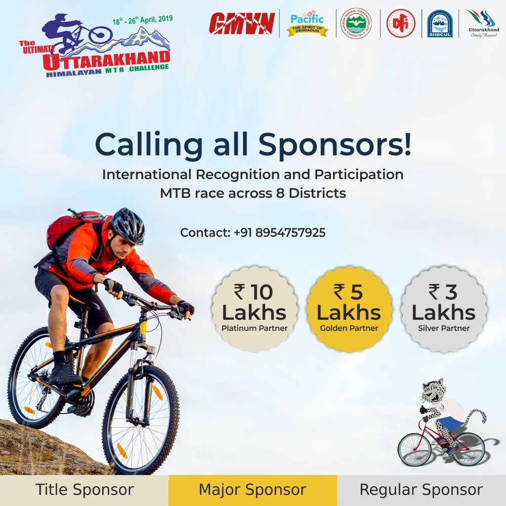 UTDBofficial's tweet image. Calling all the #Sponsors for the Ultimate Uttarakhand Himalayan Challenge 2019. An event with high International participation &amp;amp; an MTB race across 8 districts. 
To register your interest for the sponsorship, visit: uttarakhandtourism.gov.in/MTBChallenge/

#MTBChallenge #UttarakhandTourism