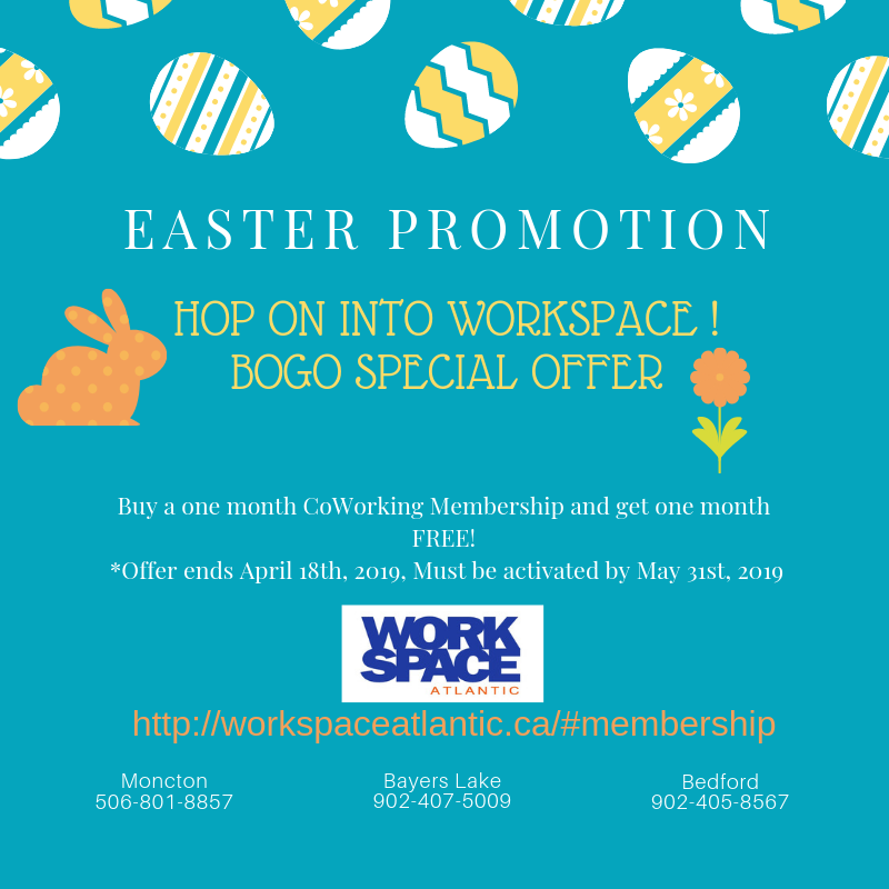 WorkspaceBL's tweet photo. Easter savings from us to you! Purchase one month of co-working and receive one month FREE. Read below for more details. #Rethinkyouroffice #WorkspaceBayersLake #WorkspaceAtlantic #Coworking #Promotion #ad https://t.co/1xd4oiDHk0
