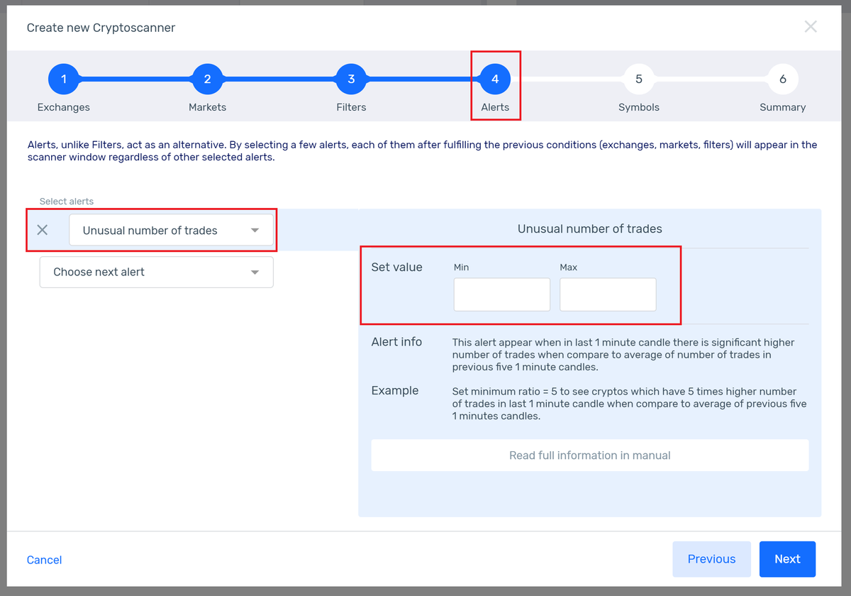 algoryapp's tweet image. How does &quot;Unusual number of trades&quot; alert work?

I.e.

Set minimum ratio = 5 to see cryptos which have 5 times higher number of trades in last 1 min candle when compare to avg of previous five 1 min candles

app.algory.io

#cryptoscanner #cryptocurrency #crypto #bitcoin