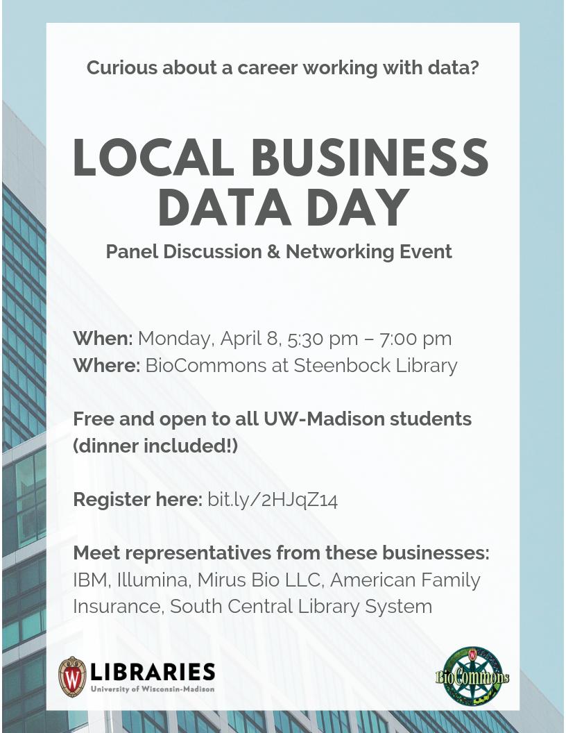 UWBusLibrary's tweet image. Happening today! Hear from a panel of data professionals as they discuss data in their work and data trends in their industries. Bring questions!

Location: @AskSteenbock Library

Free and open to all UW-Madison students.

Register at: bit.ly/2HJqZ14