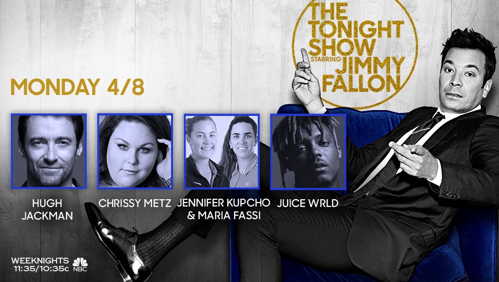 FallonTonight's tweet photo. Tonight we have @RealHughJackman, @ChrissyMetz, and Augusta National Women's Amateur Champion @JenniferKupcho and Runner-Up @MariaFassi0! Plus, a performance from @JuiceWorlddd! #FallonTonight https://t.co/PEtCnVFmC0