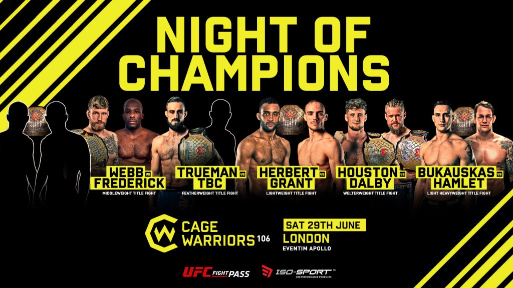 HarryFitz_'s tweet image. 8 fights confirmed so far for #CW106: Night of Champions. 

🏆Houston vs Dalby
🏆Grant vs Herbert 
🏆Webb vs Frederick
🏆Hamlet vs Bukauskas
🏆Trueman vs TBC 

👊O’Gorman vs Aramasinghe
👊Radcliffe vs Foss 
👊Hendin vs Crawford

More to come, including another title fight... 😳