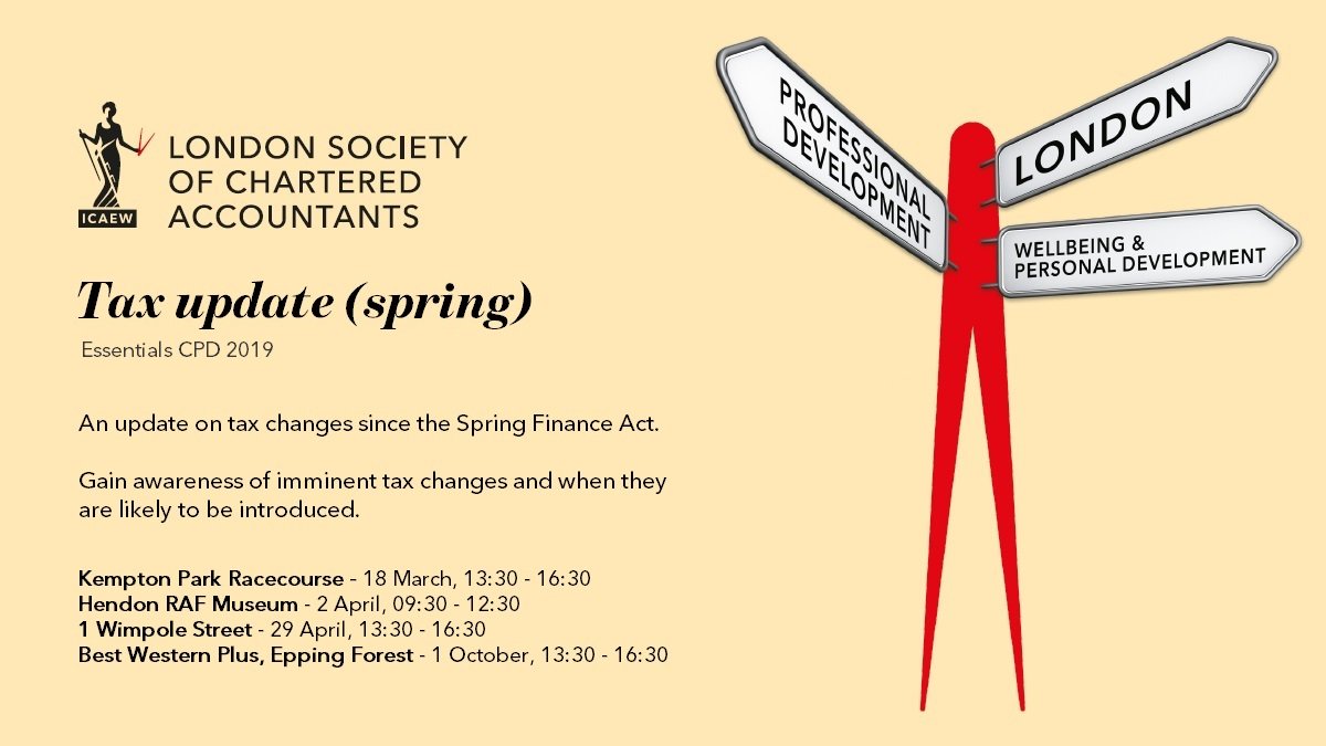 ICAEW_London's tweet photo. @rbeccabeneworth will update you on tax changes since the spring Finance Act. Join us on 29 April @1WimpoleSt. #ICAEW #London #CPD #EssentialsCPD https://t.co/duPPry2jwH https://t.co/eSTixSHlbQ