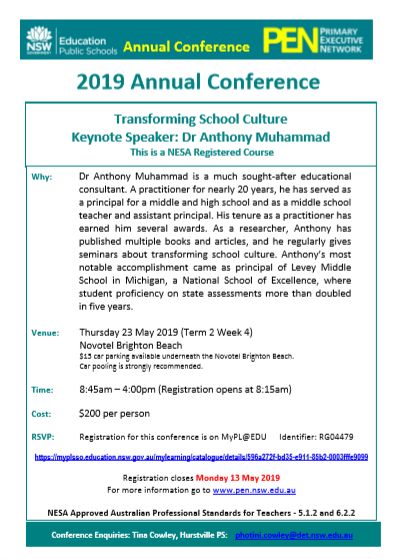 Places are filling fast for our @PEN_UltimoOD Annual Conference. Transforming School Culture with inspiring keynote Dr Anthony Muhammad <a href="/newfrontier21/">Dr. Anthony Muhammad</a> 23/5/19. Enrol ASAP! <a href="/dizdarm/">Murat Dizdar</a> <a href="/newfrontier21/">Dr. Anthony Muhammad</a> <a href="/AndrewFielding8/">Andrew Fielding</a> <a href="/photini_c/">Tina Cowley</a> <a href="/NicoleMc1920/">Nicole McGee</a> <a href="/marksteed6/">Mark Steed</a> <a href="/DiBambridge/">Diane Bambridge</a> #PENCon19