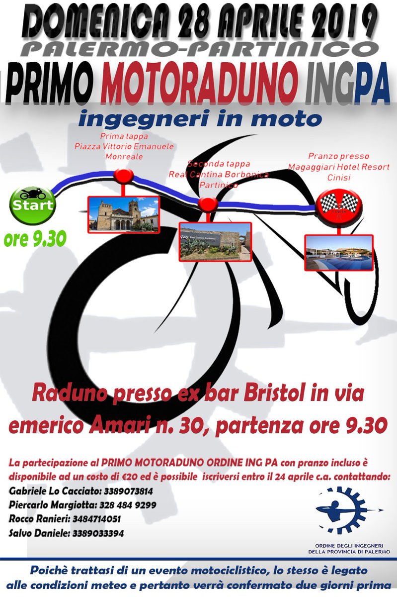 (ST) L'Ordine chiama a raccolta gli ingegneri con la vena da biker: domenica 28 aprile si terrà il primo "Motoraduno IngPA", itinerario con partenza da Palermo, arrivo alla Real Cantina Borbonica di Partinico passando per Monreale e, per concludere, pranzo a Magaggiari (Cinisi)
