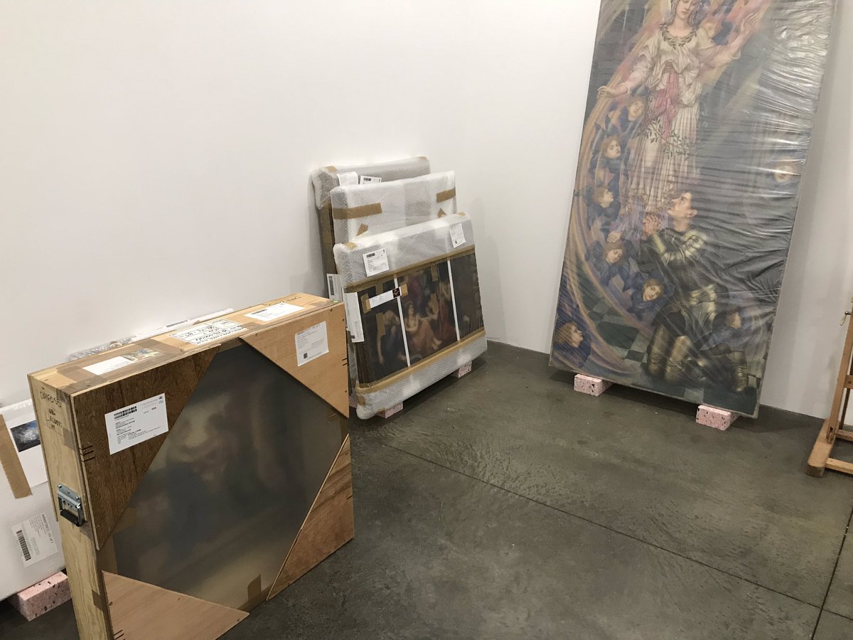 DeMorganF's tweet photo. We have teamed up with @googlearts to digitise our entire collection of paintings by Evelyn De Morgan to celebrate her upon the the centenary of her death. We can’t wait to see the results! Here we are at @CrownFineArt in our store today preparing for the photography 📸 #EDM100 https://t.co/fEuGRFvPWd