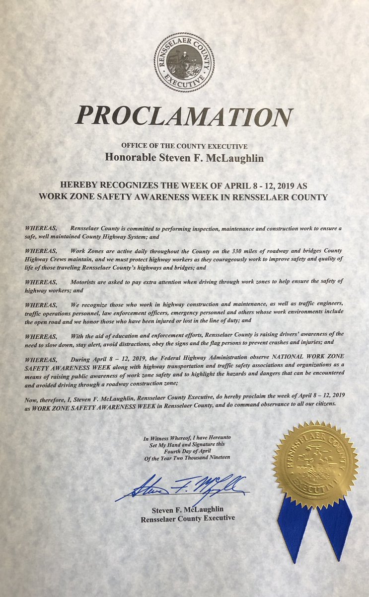 RenscoExecutive's tweet photo. CoExec McLaughlin has proclaimed this week, April 8-12, Work Zone Awareness Week in partnership with the FHWA. When you come upon a highway crew please slow your speed and follow the directions of the flagger. Help us keep our highway crews safe @RensCoHighway #respecttheflagger https://t.co/j8ZLq9qolx