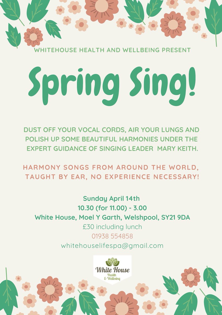 WhiteHouseHealt's tweet photo. In one week we will be welcoming in the spring with our #Spring #Sing from 10:30am till 3:00pm
Come and join leader Mary Keith for some expertly led harmonies from around the world, no experience necessary!

Call us on 01938 554 858 to book your place now! 🌸 #SingingWorkshop https://t.co/O0jyZ0Y6LM