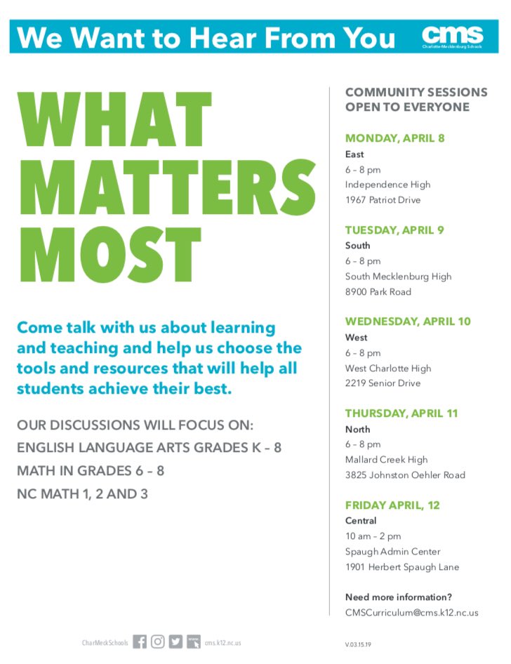 CMSK5Academics's tweet photo. Excited for Day 1 of @CharMeckSchools elementary Educator Playgrounds today! See you tonight at Independence HS (1967 Patriot Drive) @BigIPatriots #WhatMattersMost #CMSLIT https://t.co/8AXKw5jHeM