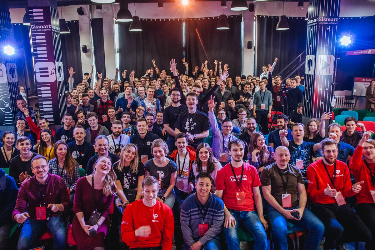 RubyConfBY's tweet photo. We will never be tired to thank all participants and co-organizers for making #RubyConfBY 2019 so meaningful! This time we attracted 250+ attendees, invited talented speakers and sang together at karaoke-afterparty! 🔥
We’ll share photos &amp; videos soon ➡️ https://t.co/H7MIbEzAAy https://t.co/8a0uuA2TT3