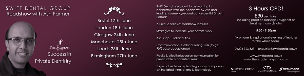 ModDentistMag's tweet photo. We are proud to be a sponsor for the Swift Dental Roadshows with The Academy by Ash. To book click https://t.co/d1sW9g3TCe :-) https://t.co/7O62okB881