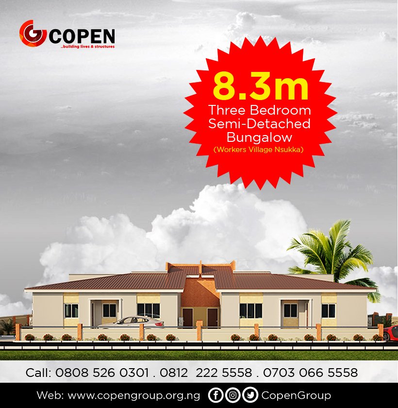 CopenGroup's tweet photo. Estate: Workers Village Nsukka
Option: Three Bedroom Semi-Detached Bungalow
Price: N8.3m
Payment options: Outright, Instalment and Mortgage
Status: Fully built.
https://t.co/J8oR8gBtW5
#Multidev #CopenGroup #WorkersVillageNsukka #Housing https://t.co/8N2TPqosdL