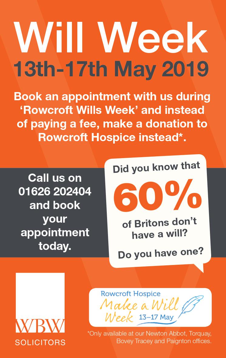 WBWSolicitors's tweet image. We are supporting the @RowcroftHospice ‘Will Week’ in May.

Get your will written at WBW and instead of paying a fee, donate to a fantastic local charity.

Limited availability so book your appointment today! Visit - wbw.co.uk/contact-us/ #MakeAWillWeek2019 #DevonSolicitors