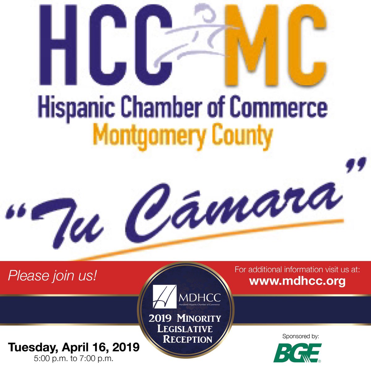 We are happy to officially announce that the Hispanic Chamber of Commerce Montgomery County (HCCMC) is a partner chamber for our 2019 Minority Legislative Reception in JUST 8 DAYS!

Learn More and RSVP Here: bit.ly/2019MLReception