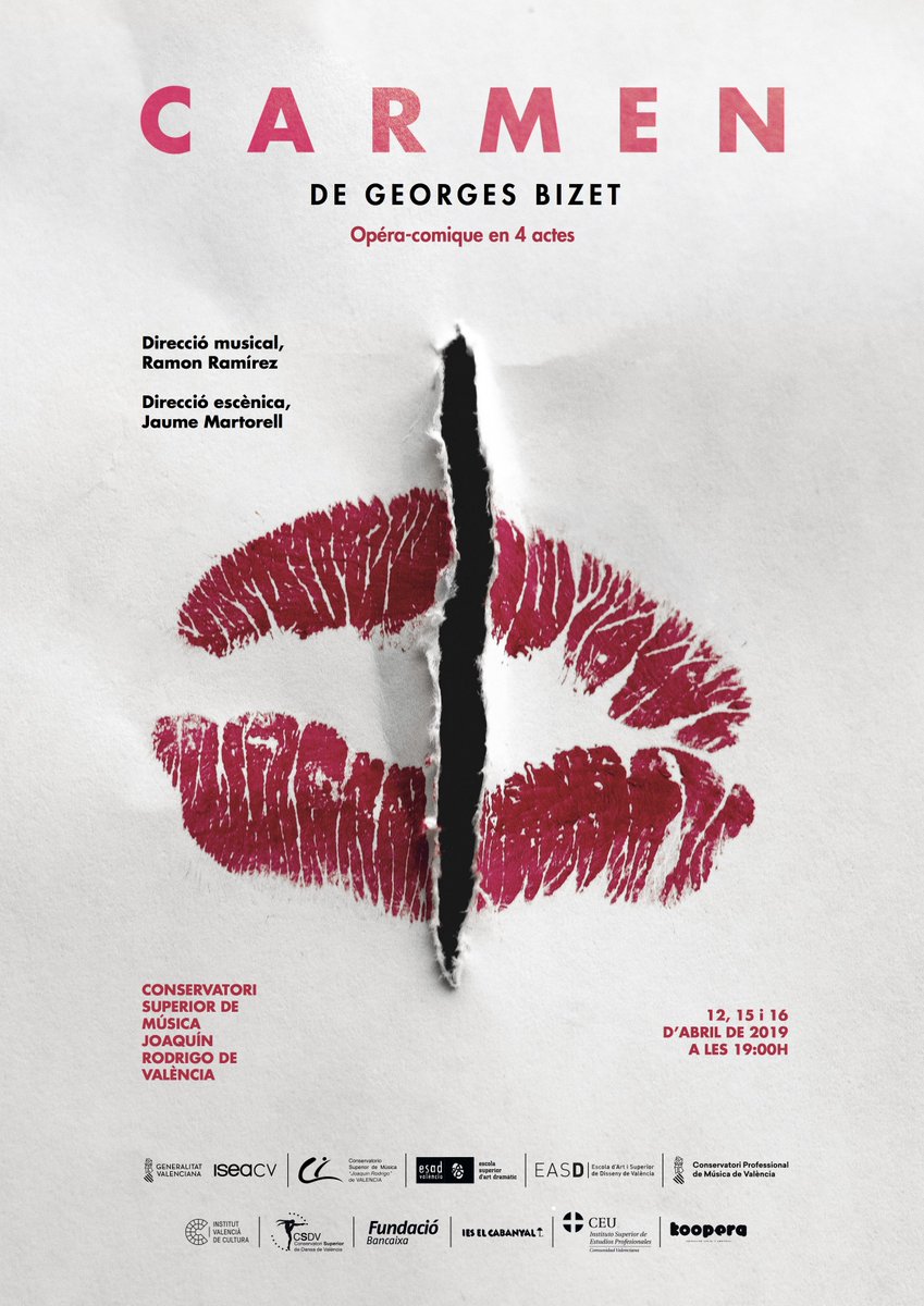 csmvalencia's tweet photo. Opera Carmen en el @csmvalencia días 12, 15 y 16 de abril a las 19 horas. Día 10 Ensayo General a las 18 horas. Entrada libre hasta completar aforo. Recoger personalmente con antelación las invitaciones en la conserjería del centro. Disponibles desde hoy mismo. https://t.co/18jNz63K0y