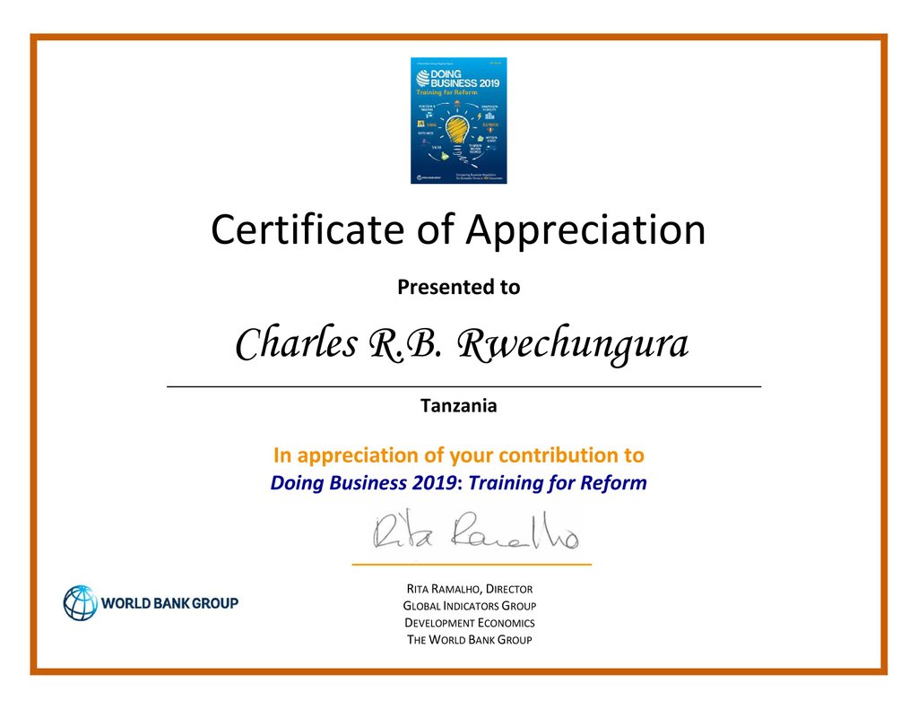 CRBAFRICALEGAL's tweet photo. Doing Business 2019: Training for Reform is the16th in an annual series of reports measuring the regulations that enhance and constrain business activity. Our Managing Partner, Mr. Charles Rwechungura was a contributor for this year's report. 

Link
https://t.co/R9cVvgHuOF https://t.co/B8JGn8d4v8