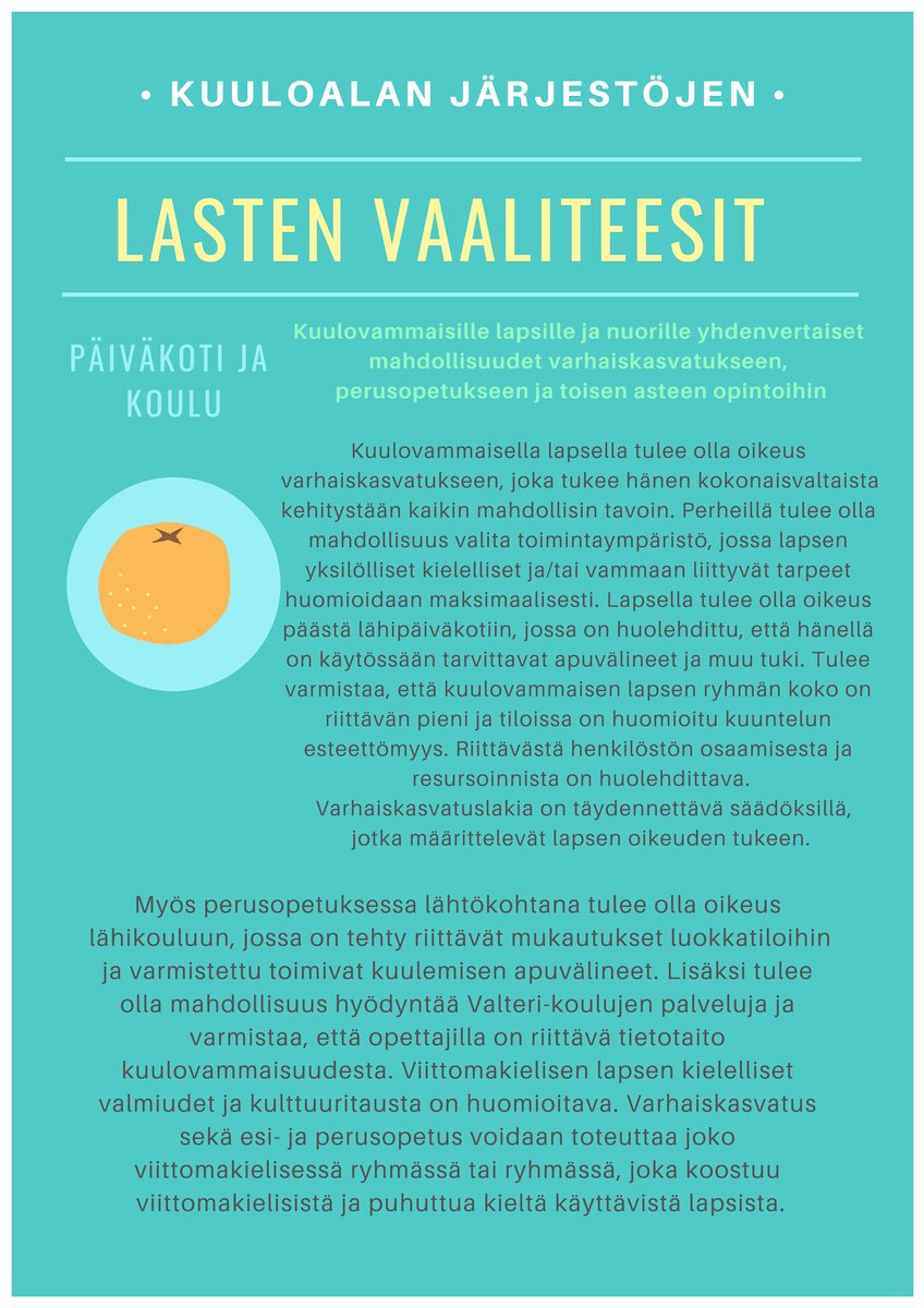 Kuuloliitto's tweet photo. Lapsen yksilölliset kielelliset ja/tai vammaan liittyvät tarpeet on huomioitava: laadukkaat #apuvälineet, pieni ryhmäkoko, hyvä #akustiikka, #tulkkaus ja osaavat opettajat. #kuulo2019 #vaalit2019 Tutustu: https://t.co/J5Jno0hQvz https://t.co/EaUdKQZ0DO