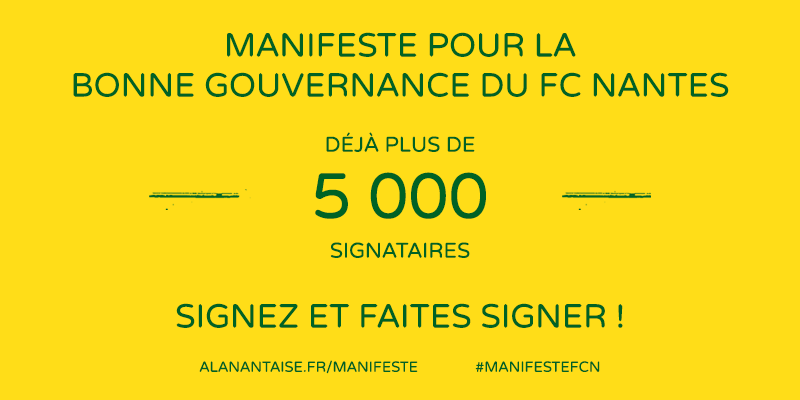 🔸Manifeste pour la bonne gouvernance du FC Nantes
🔸Déjà + de 5⃣0⃣0⃣0⃣ signataires ! Fédérons davantage encore ! 

Signez et retweetez❗️
Aucun amoureux du FCN ne doit manquer à l'appel ‼️  
Lire et signer : urlz.fr/7S6O  🖊️
