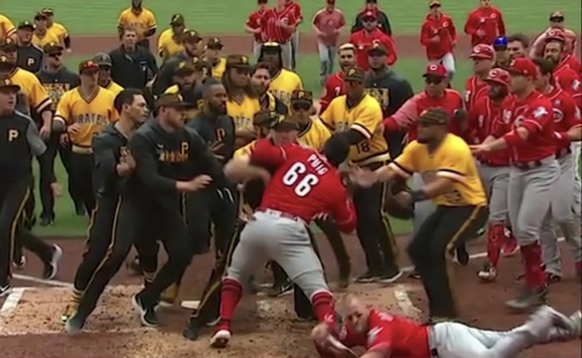 Justin Morhardt on X: What's WRONG with this image?? A few days ago, the  Reds and Pirates had an emotional exchange, and Tucker Barnhart(Pictured on  the ground) tried to hold back his