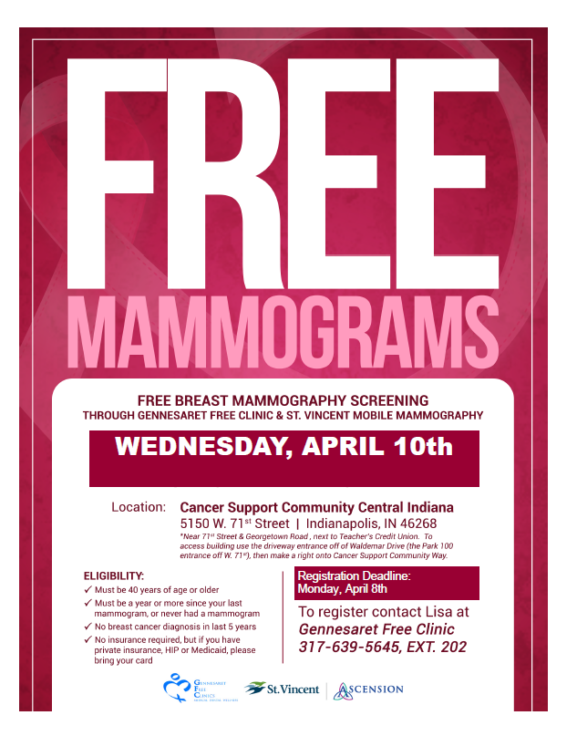 IN211Info's tweet photo. Today is the last day to sign up for free mammograms provided by @StVincentIN and @GfcFree at the @CancerSupportHQ in Indianapolis. See attached flyer for more details! https://t.co/prEdWS5v2q