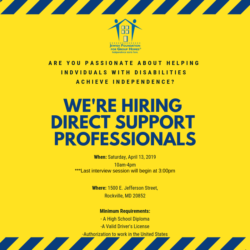 JFGH_org's tweet photo. #JobOpportunity Come learn about JFGH and interview for a #DirectSupportProfessional position on April 13! #DCjobs #disability #community https://t.co/3otLXkwUFn