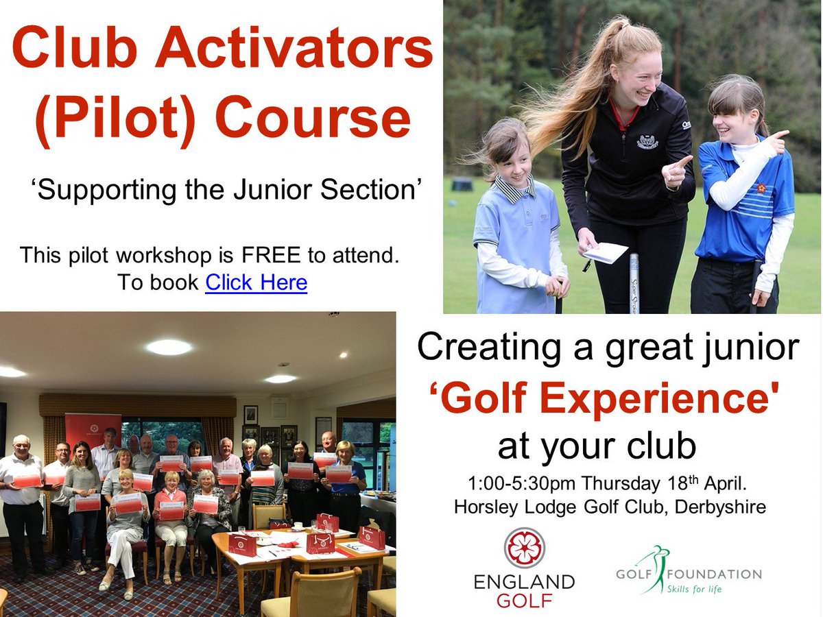 Come along to our Pilot Activators Workshop if you're involved in supporting your golf clubs junior section. It's FREE to attend. Booking and further info: …ctivatorhorsleylodge.eventbrite.co.uk 
<a href="/EnglandGolf/">England Golf</a> @GolfRootsHQ <a href="/Aliceemilylowe/">Alice Lowe</a> <a href="/EmsCF1/">Emily Furniss</a>
