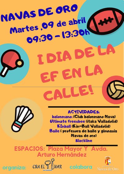 Mañana continuamos la Semana Cultural de <a href="/CRAElPinar/">CRA EL PINAR</a> #navasdeoro con #DiadelaEFenlacalle2019 Día de la EF en la calle <a href="/educacyl/">Educación JCyL</a>  <a href="/Navasdeoroinfor/">Navas de Oro</a> ... Esperemos que el tiempo acompañe