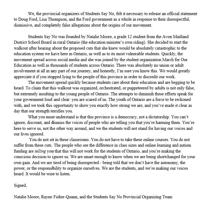 Premier Doug Ford dismissed and lied about the largest student walkout in Canada's history, telling us that we're nothing but union pawns. Here's the official statement from the #StudentsSayNo provincial organizing team.