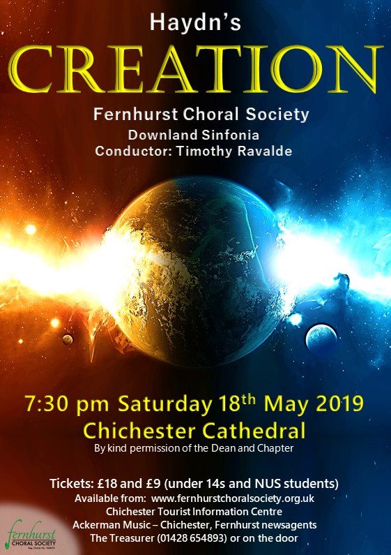 We’re busy rehearsing Haydn's Creation for our concert at 7:30pm on 18th May in Chichester Cathedral. Tickets are available from fernhurstchoralsociey.org.uk and locally - see details on the graphic. #Haydn #HaydnCreation #ChichesterCathedral #Chichester #WestSussex #choral